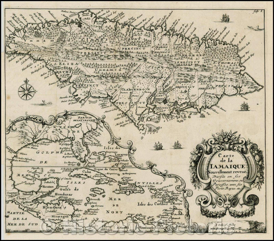 Historic Map - Carte de la Iamaique Nouvellement/Dutch edition of Sir Thomas Modiford's Map of Jamaica, 1688, Richard Blome - Vintage Wall Art