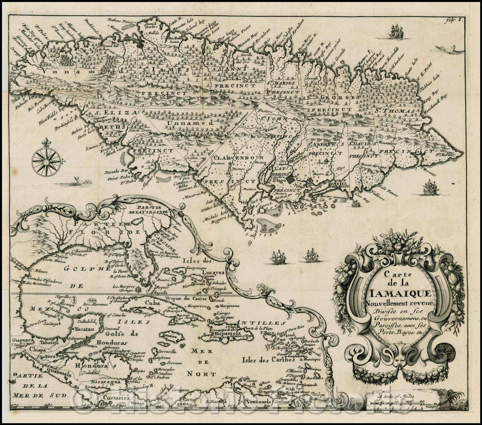 Historic Map - Carte de la Iamaique Nouvellement/Dutch edition of Sir Thomas Modiford's Map of Jamaica, 1688, Richard Blome - Vintage Wall Art