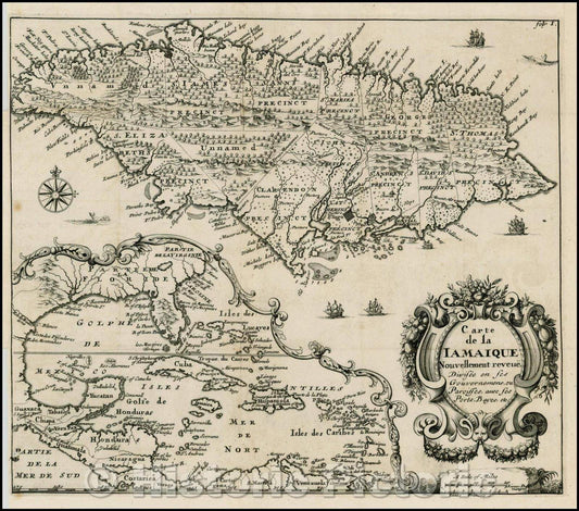 Historic Map - Carte de la Iamaique Nouvellement/Dutch edition of Sir Thomas Modiford's Map of Jamaica, 1688, Richard Blome - Vintage Wall Art