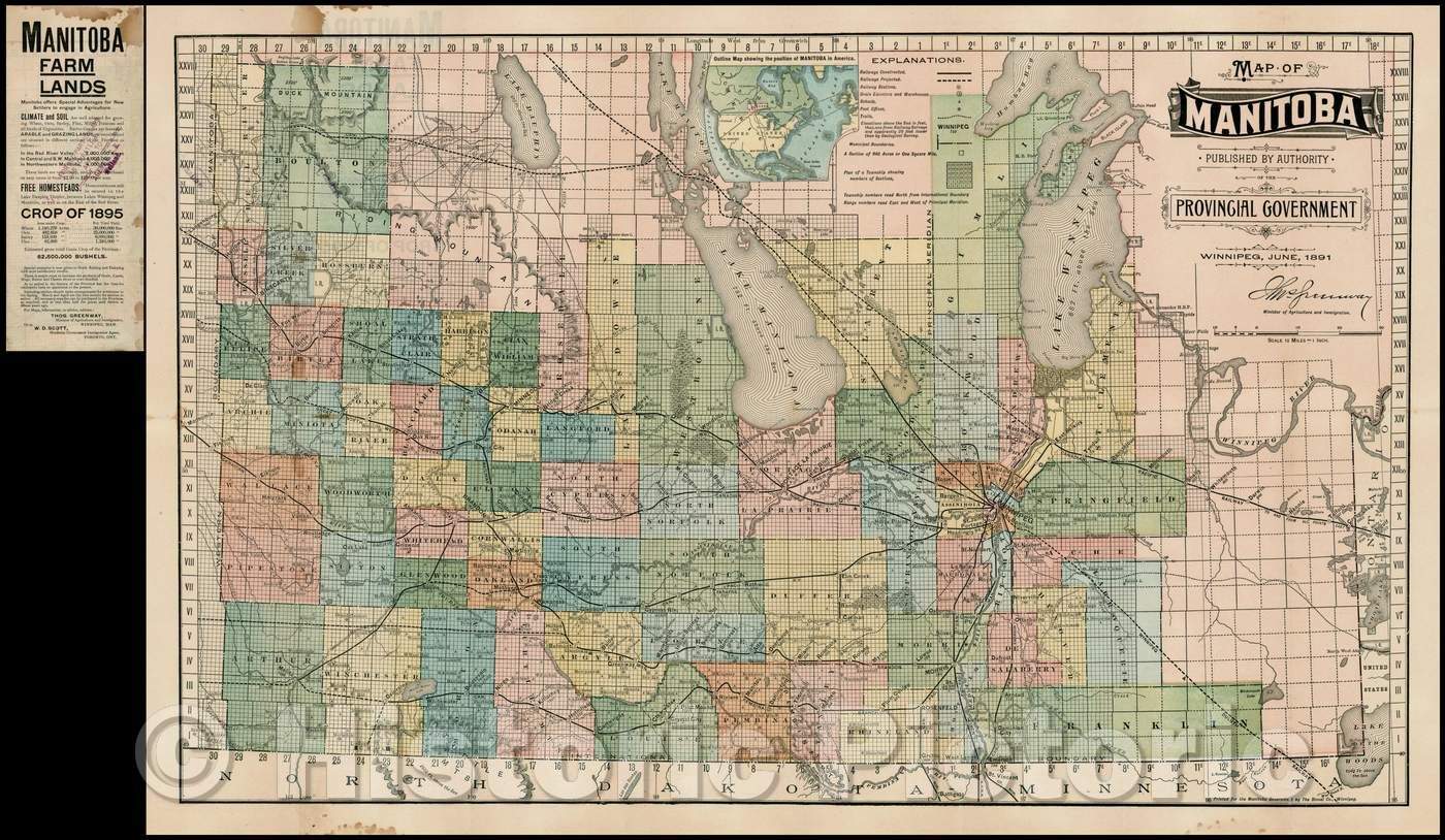 Historic Map - Map of Manitoba, 1891, Manitoba Provincial Government - Vintage Wall Art