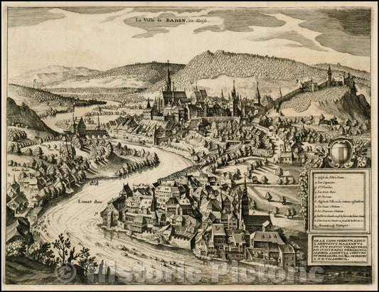 Historic Map - La Ville de Baden, en Suisse/View of Baden on the Limat River, with coat of arms, 1723, Pieter van der Aa - Vintage Wall Art