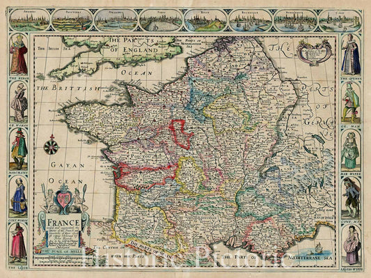 France - Decorative Map, 1676 by John Speede