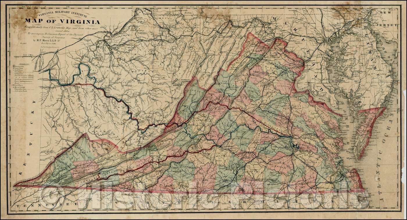 Historic Map - Virginia Military Institute Map of Virginia, 1868, Matthew Fontaine Maury - Vintage Wall Art