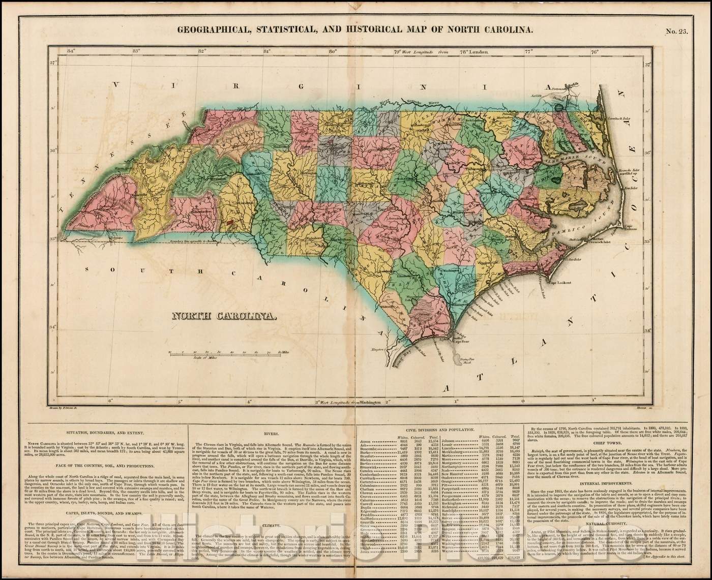 Historic Map - Geographical, Statistical and Historical Map of North Carolina, 1823, Henry Charles Carey - Vintage Wall Art