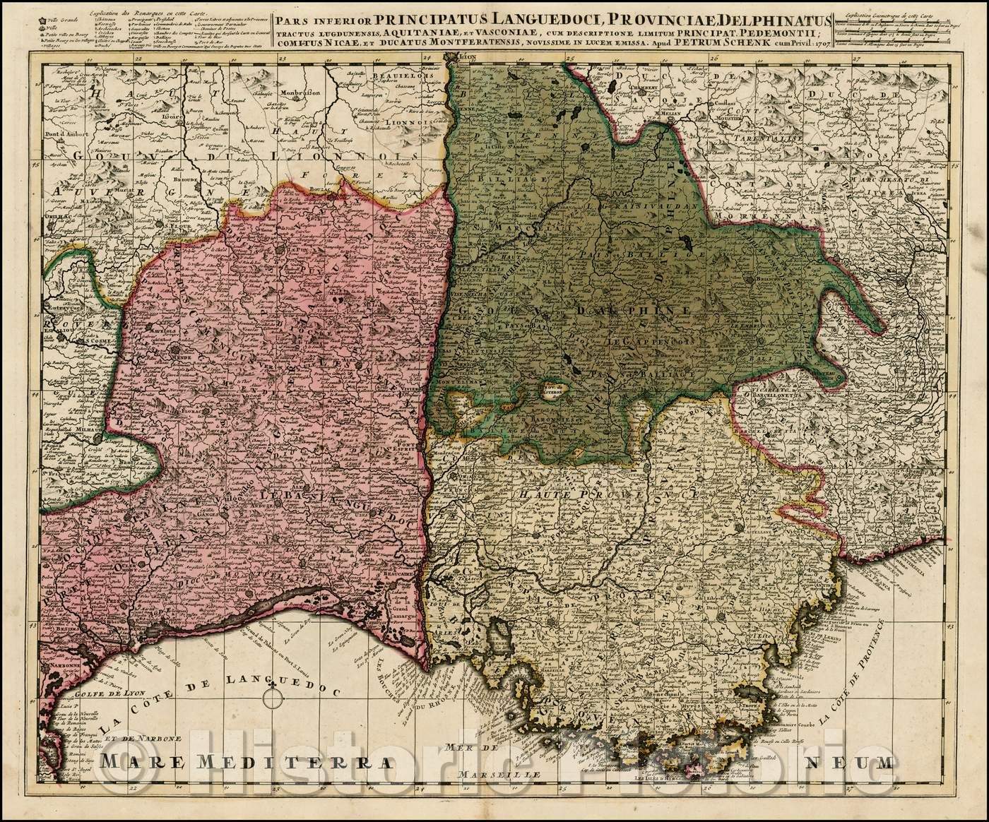 Historic Map - Pars Inferior Principatus Languedoci, Provinciae, Delphinatus, Tractus Lugdunensis :: Southeastern France and the contiguous Italian Border, 1700 - Vintage Wall Art