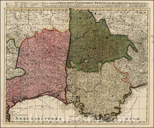 Historic Map - Pars Inferior Principatus Languedoci, Provinciae, Delphinatus, Tractus Lugdunensis :: Southeastern France and the contiguous Italian Border, 1700 - Vintage Wall Art