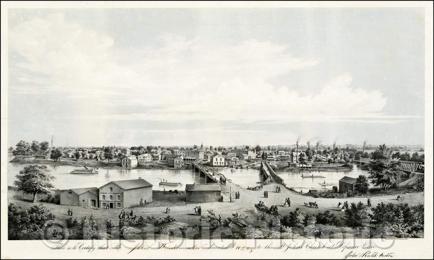 Historic Map - Birdseye view of Defiance, Ohio, 1856, Worley & Bracher - Vintage Wall Art