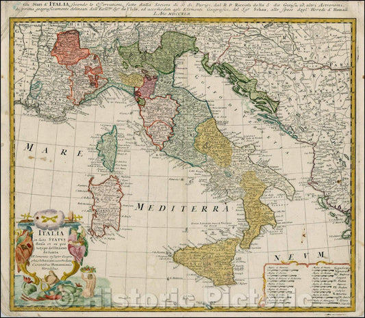Historic Map - Italia in suos Status divisa et ex prototypo del Isliano desumta, 1752, Homann Heirs v3