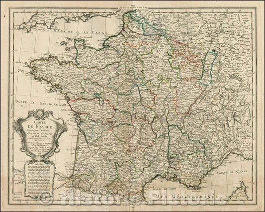 Historic Map - Carte De France Dressee pour l'instruction, Par Guil Delisle, 1788, Philippe Buache - Vintage Wall Art