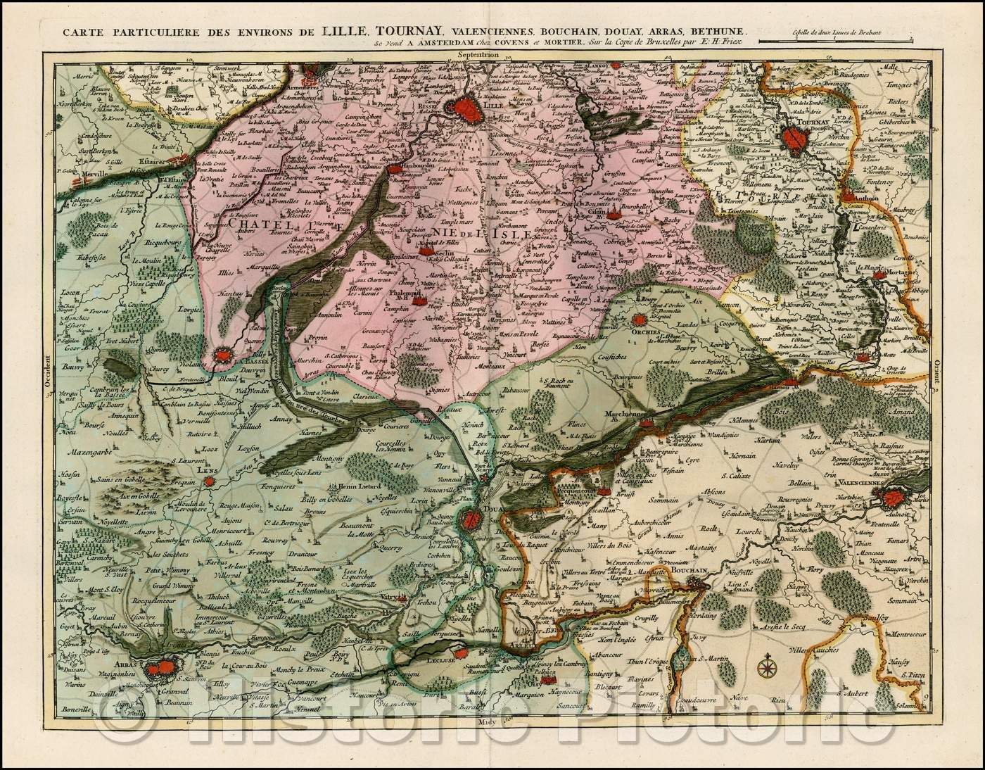 Historic Map - Carte Particuliere Des Environs De Lille/Regional Map of Belgium, Lille, Tournay, Valenciens, Bouchain, Douay, Arras, Bethune, 1745 - Vintage Wall Art