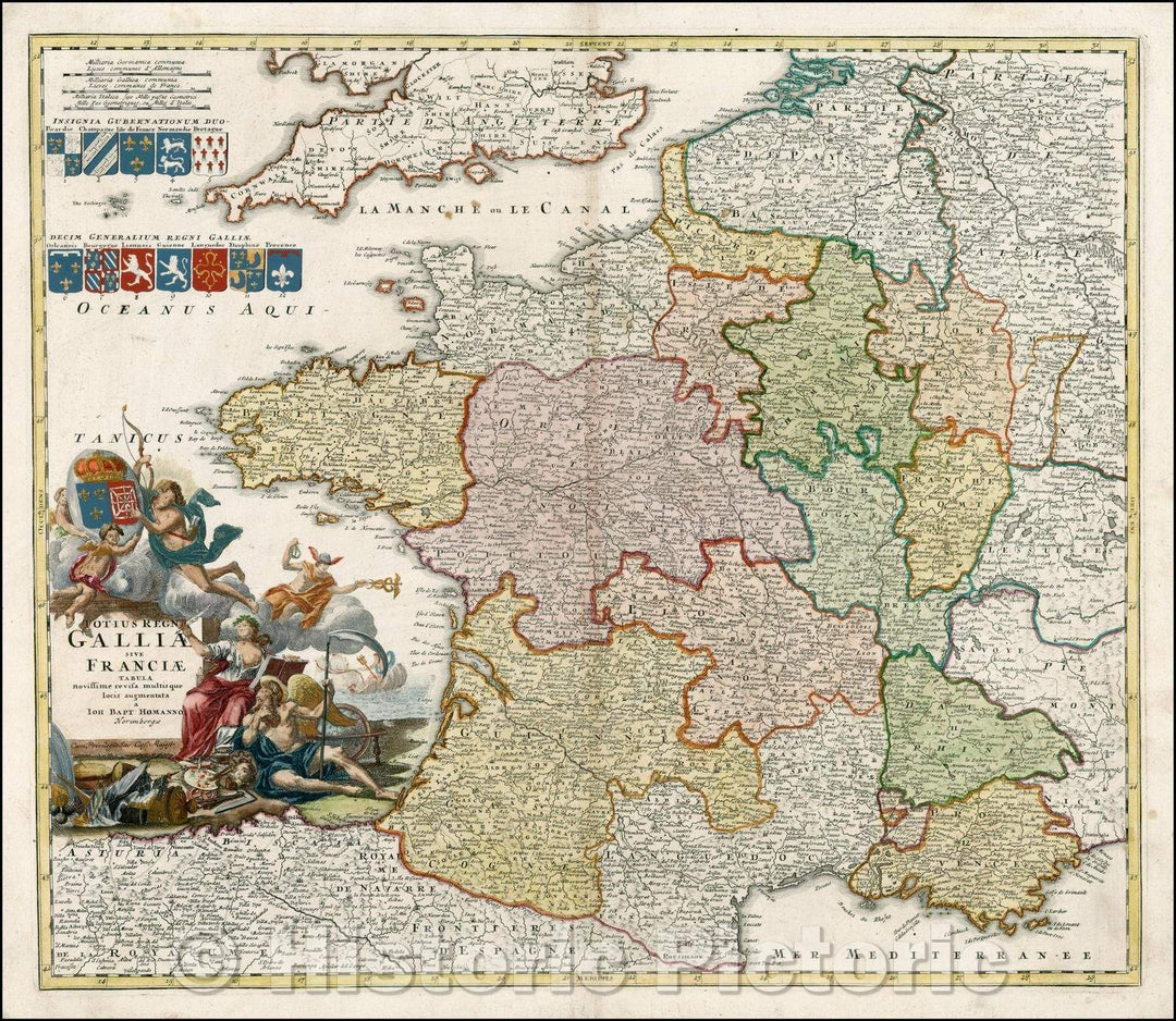 Historic Map - Totius Regni Galliae sive Franciae Tabula/Of Gaul, of the Kingdom of France, or of the whole Board, 1720, Johann Baptist Homann - Vintage Wall Art