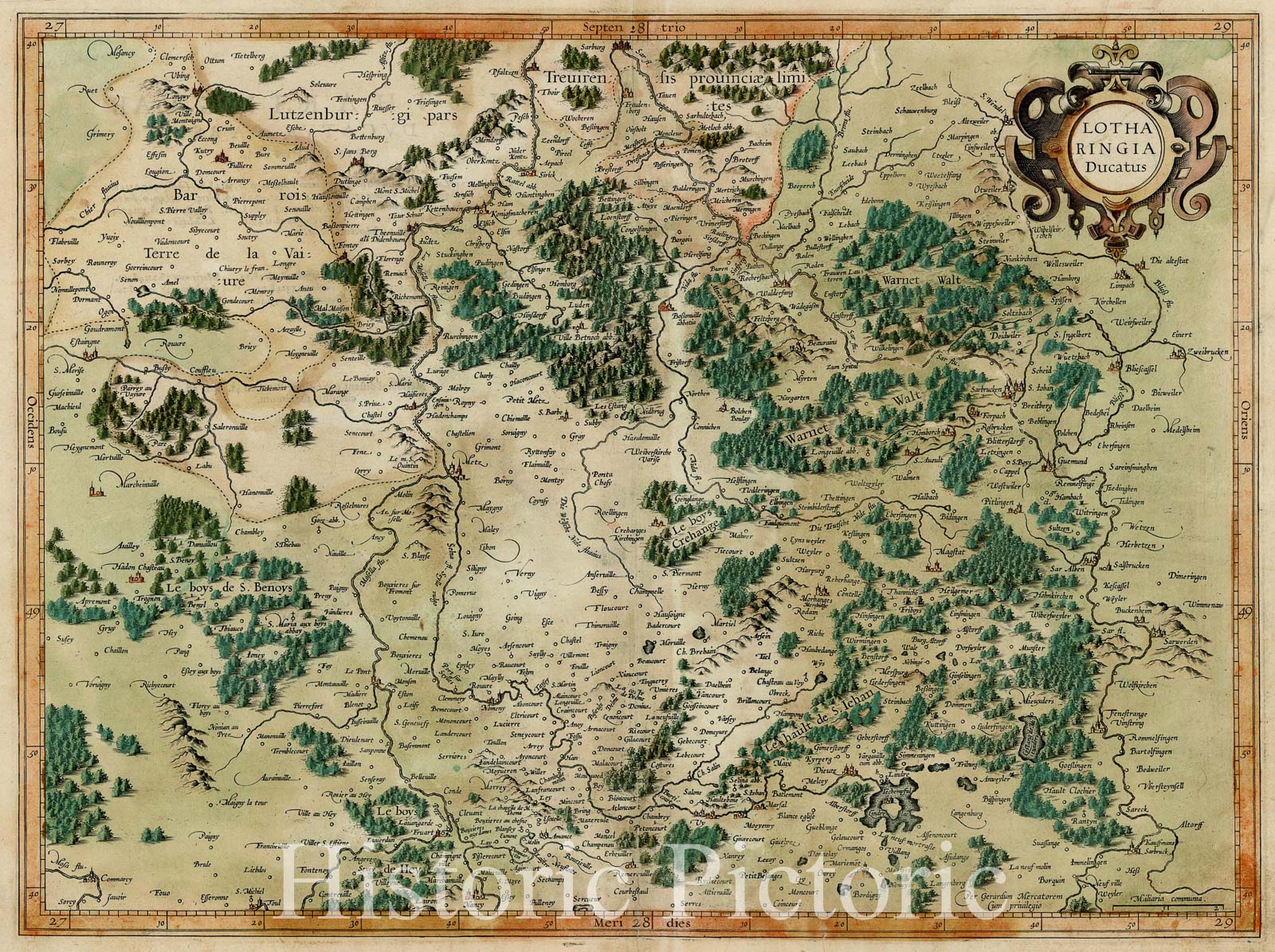 Historic Map - Lotharingia Ducatus/Mercator's Regional Map of France, centered on the Sar and Moselle River Valleys, 1595, Gerard Mercator - Vintage Wall Art