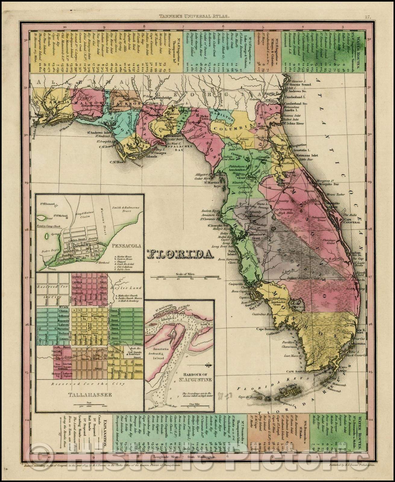 Historic Map - Florida, 1833, Henry Schenk Tanner - Vintage Wall Art