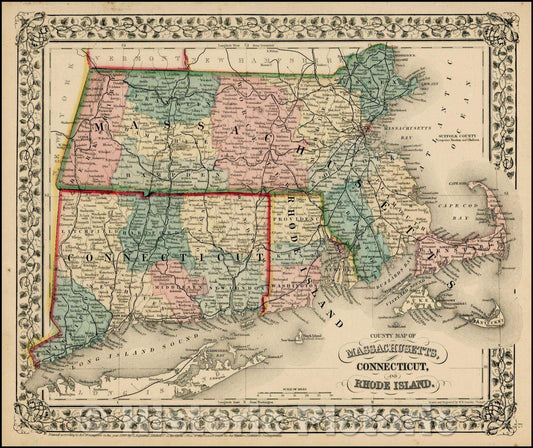 Historic Map - County Map of Massachusetts, Connecticut, and Rhode Island, 1866, Samuel Augustus Mitchell Jr. v2