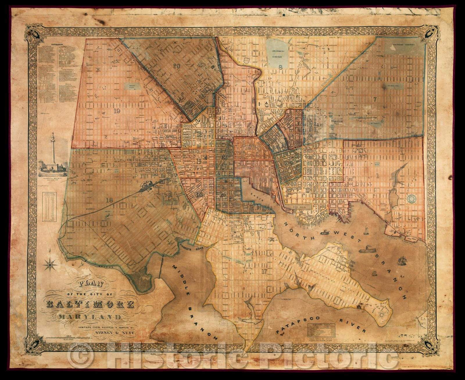 Historic Map - Plan of the City of Baltimore Maryland, 1851, James Charles Sidney - Vintage Wall Art