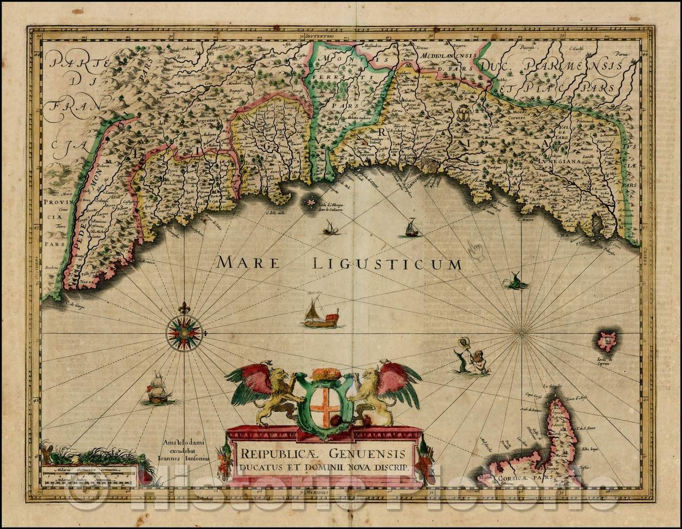 Historic Map - Reipublicae Genuensis Ducatus et Dominii Nova Discrip. :: Republic of Genoa, sailing ships, compass rose and half man, half Sea creature, 1635 - Vintage Wall Art