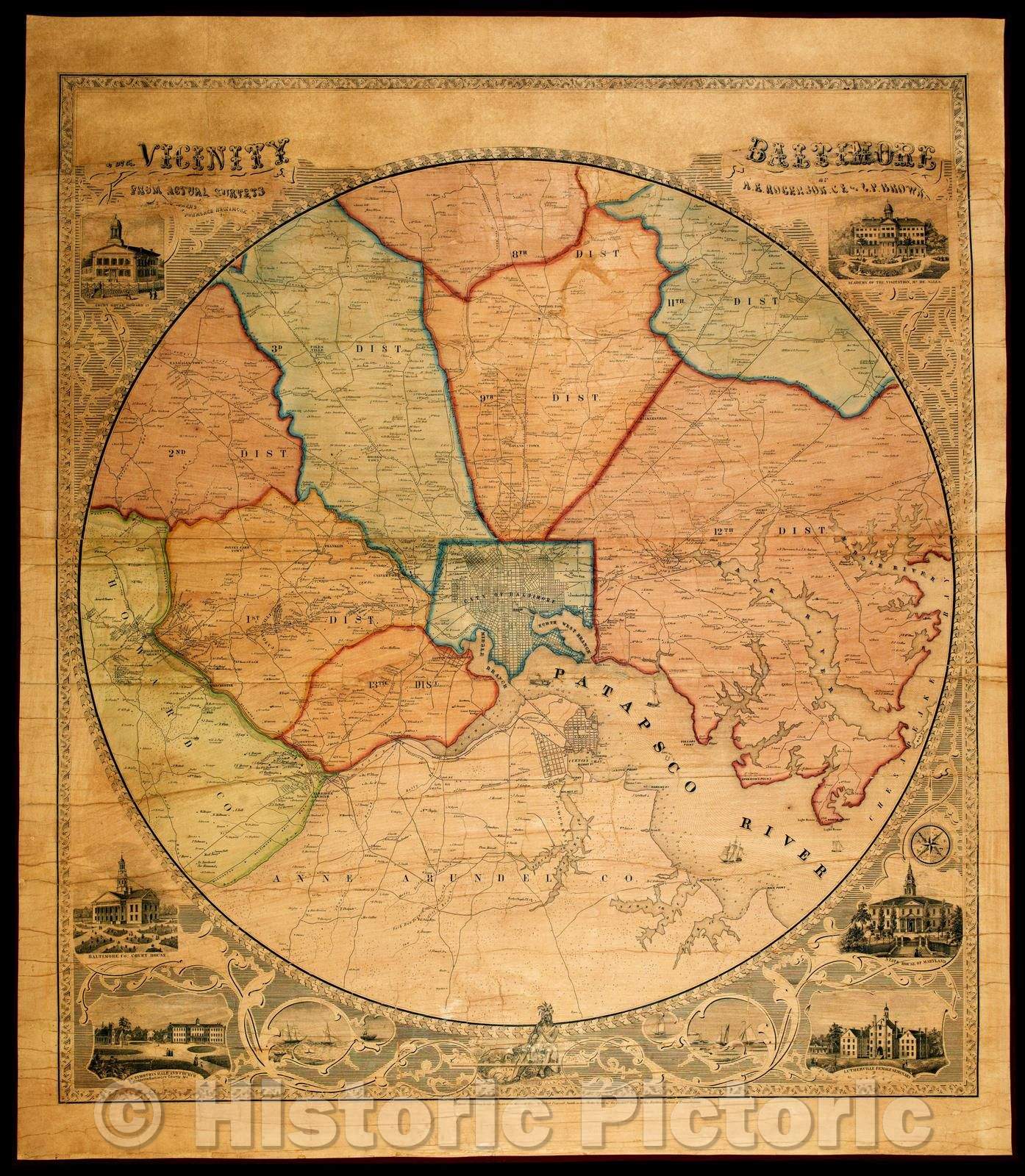 Historic Map - Map of the Vicinity of Baltimore From Actual Surveys, 1854, K. Brown - Vintage Wall Art
