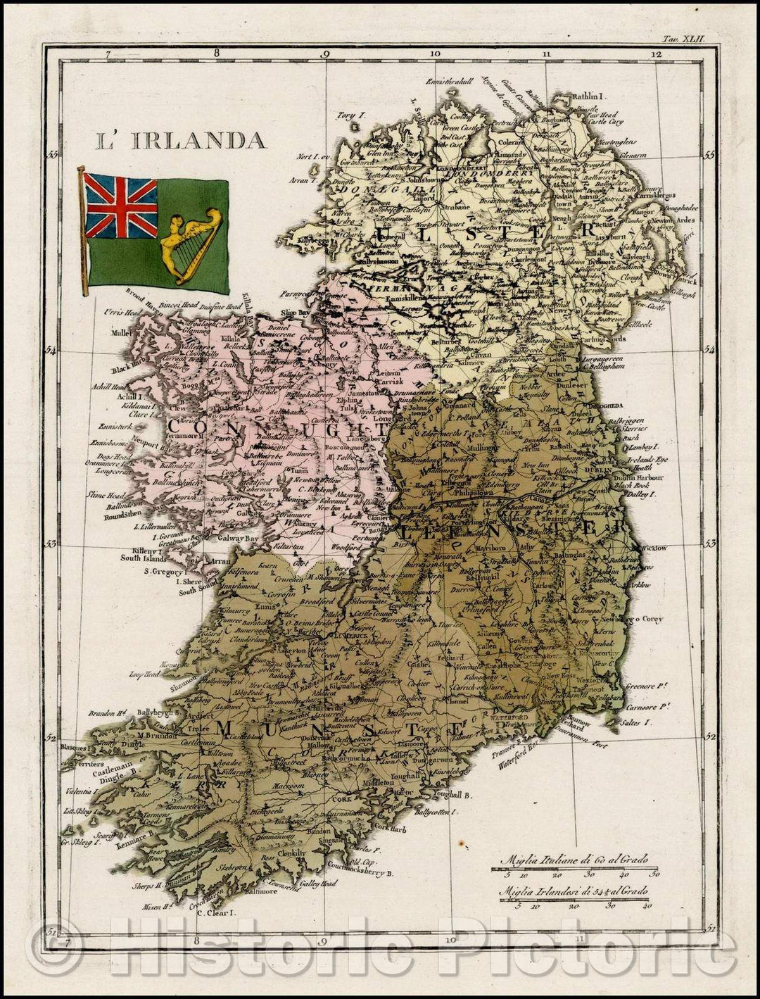 Historic Map - L'Irlanda, 1838, Francesco Costantino Marmocchi - Vintage Wall Art