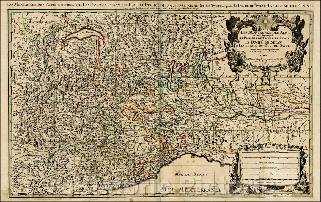 Historic Map - Les Montagnes Des Alpes ou sont remarques Les Passages de France en Italie, Le Duche de Milan :: Alps in the North of the Gulf of Genoa, 1691 - Vintage Wall Art
