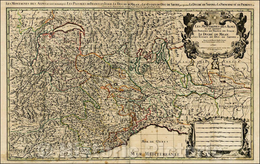 Historic Map - Les Montagnes Des Alpes ou sont remarques Les Passages de France en Italie, Le Duche de Milan :: Alps in the North of the Gulf of Genoa, 1691 - Vintage Wall Art