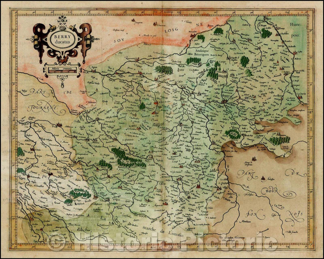 Historic Map - Berry Ducatus/Mercator's Regional Map of France, centered on Bourges, from the first addition (1595) of Mercator's atlas, 1595 - Vintage Wall Art