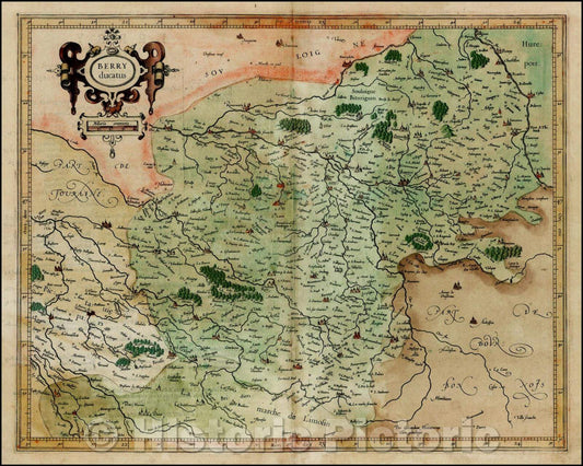 Historic Map - Berry Ducatus/Mercator's Regional Map of France, centered on Bourges, from the first addition (1595) of Mercator's atlas, 1595 - Vintage Wall Art