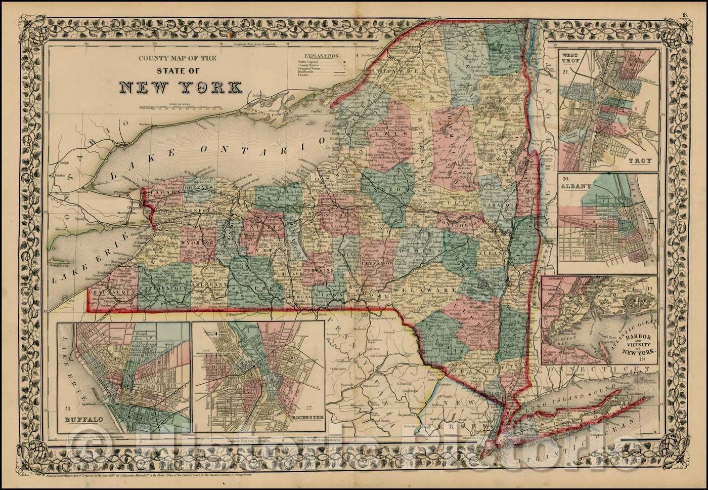 Historic Map - County Map of the State of New York, 1866, Samuel Augustus Mitchell Jr. - Vintage Wall Art