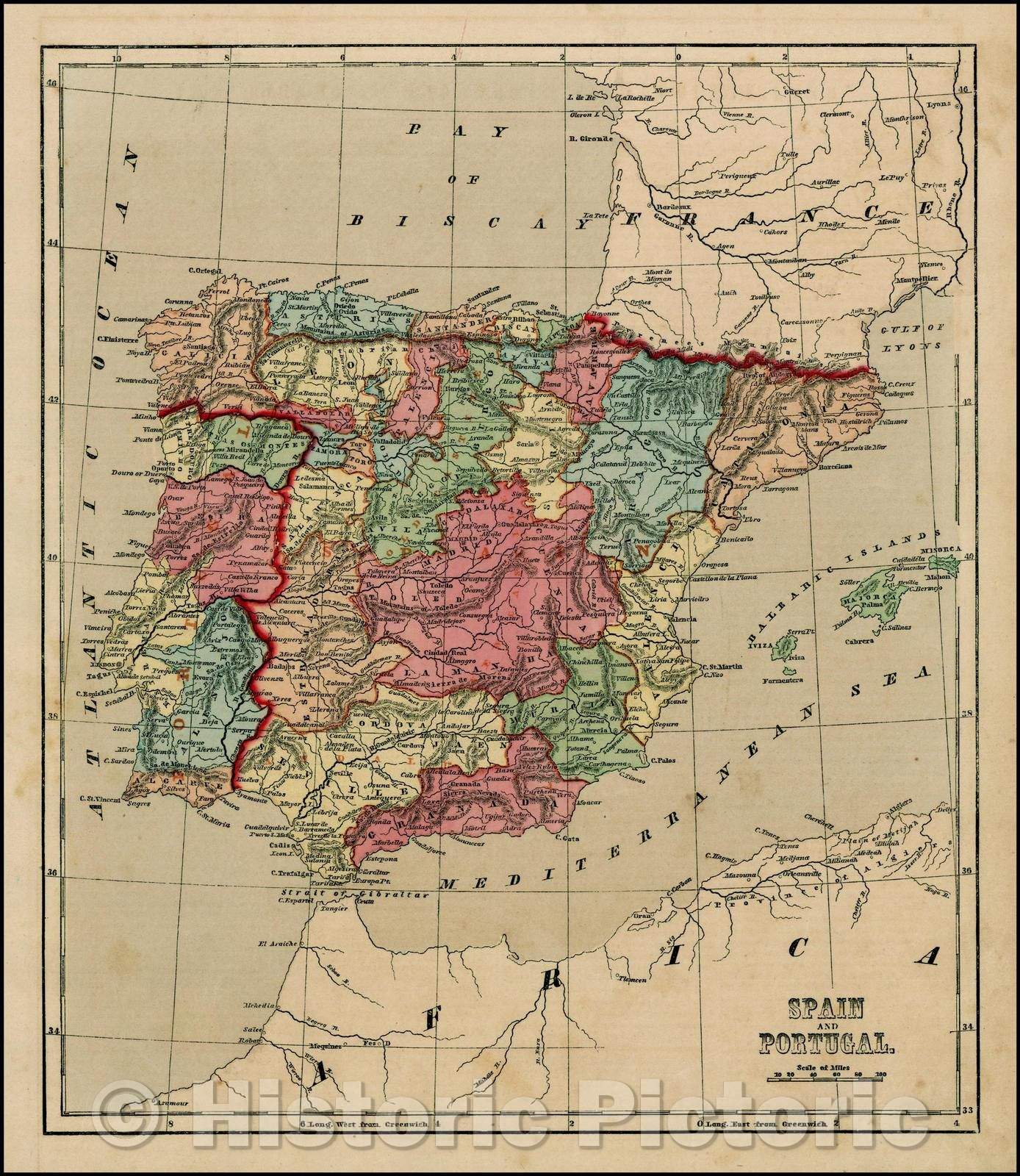 Historic Map - Spain & Portugal (with Balearic Islands), 1856, Charles Morse - Vintage Wall Art
