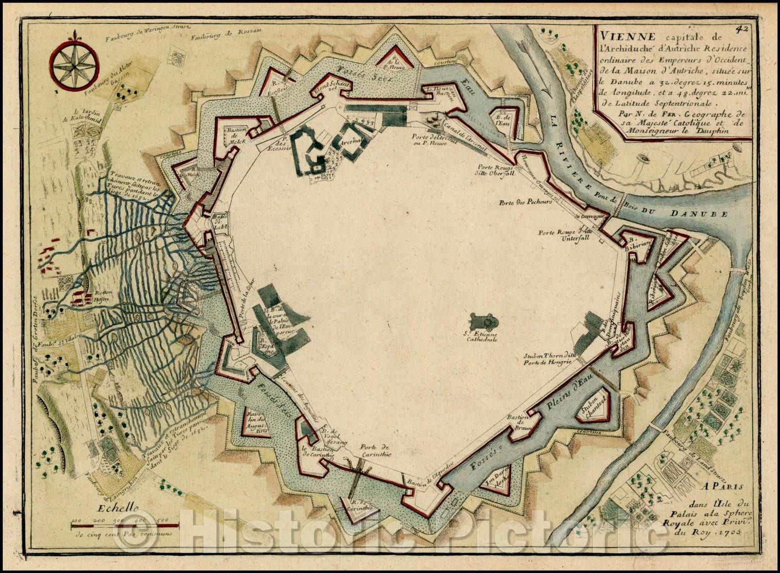 Historic Map - Vienne capitale de l'Archiduche d'Autriche/Plan of the Fortifications and town of Vienna, 1705, Nicolas de Fer - Vintage Wall Art