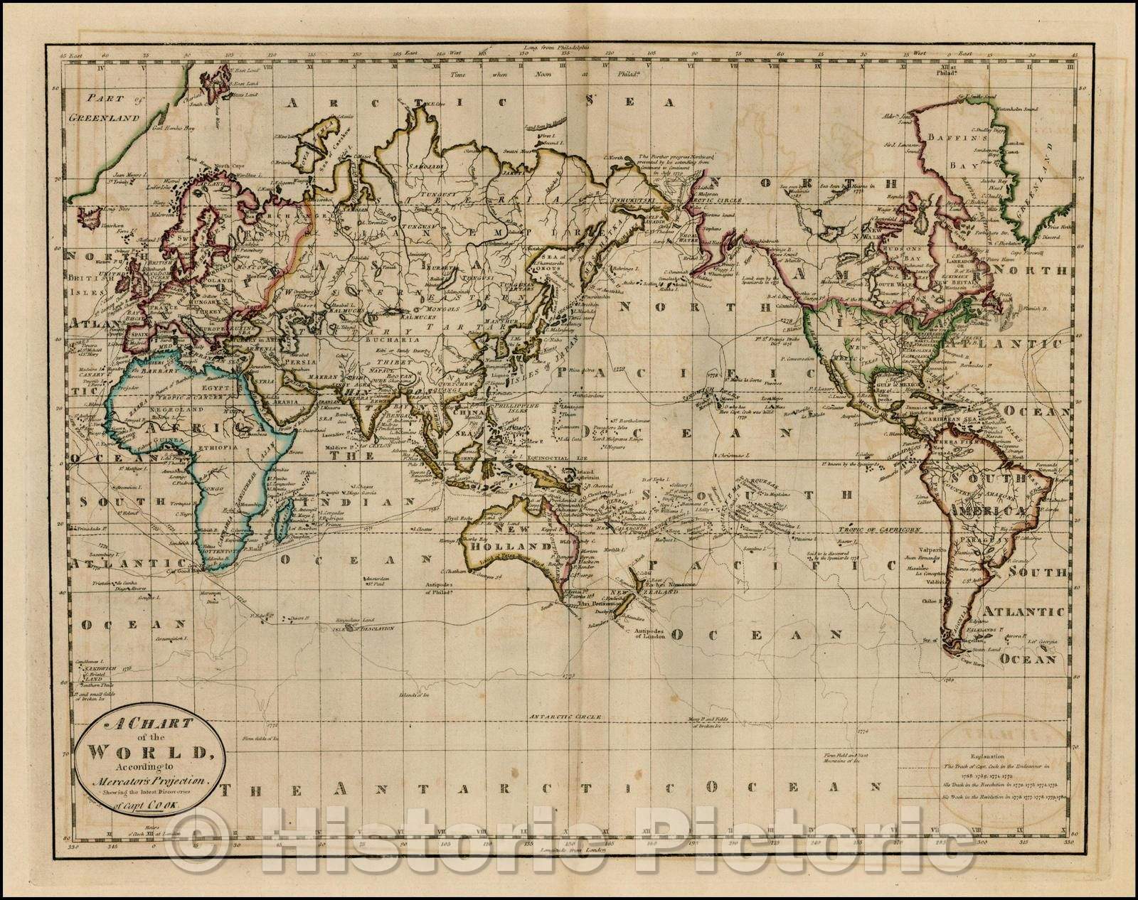 Historic Map - A Chart of the World According to Mercator's Projection. Shewing the latest Discoveries of Capt. Cook, 1814, Matthew Carey - Vintage Wall Art