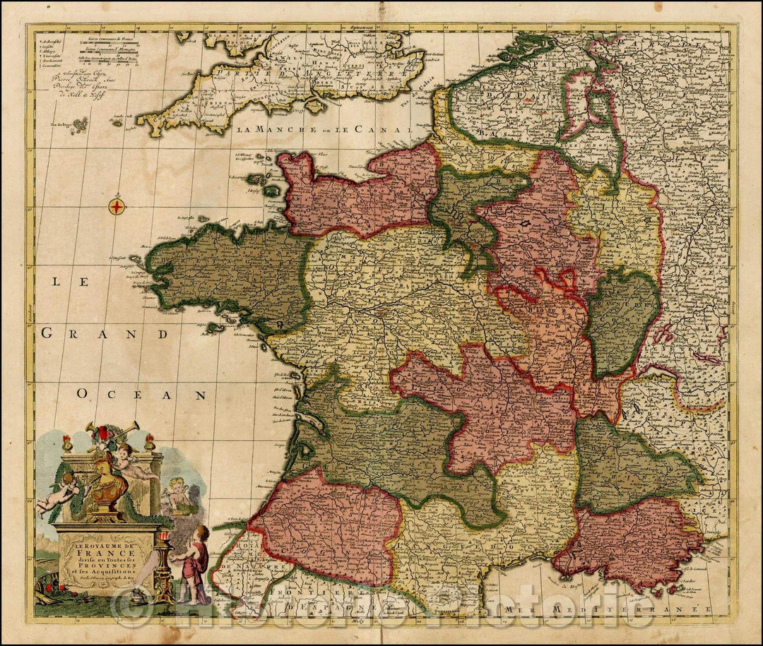Historic Map - Le Royaume De France divise en Toutes ses Provinces et se Acquisitions/Regional Map centered on Nuremberg and Bamberg, 1700, Peter Schenk - Vintage Wall Art