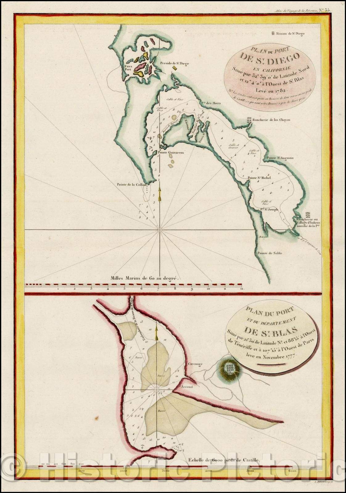 Historic Map - Plan du Port De St. Diego en Californie :: Of Port St. Diego in California. 1782 [with] Plan Du Port and the Department of San Blas. 1777, 1797 - Vintage Wall Art