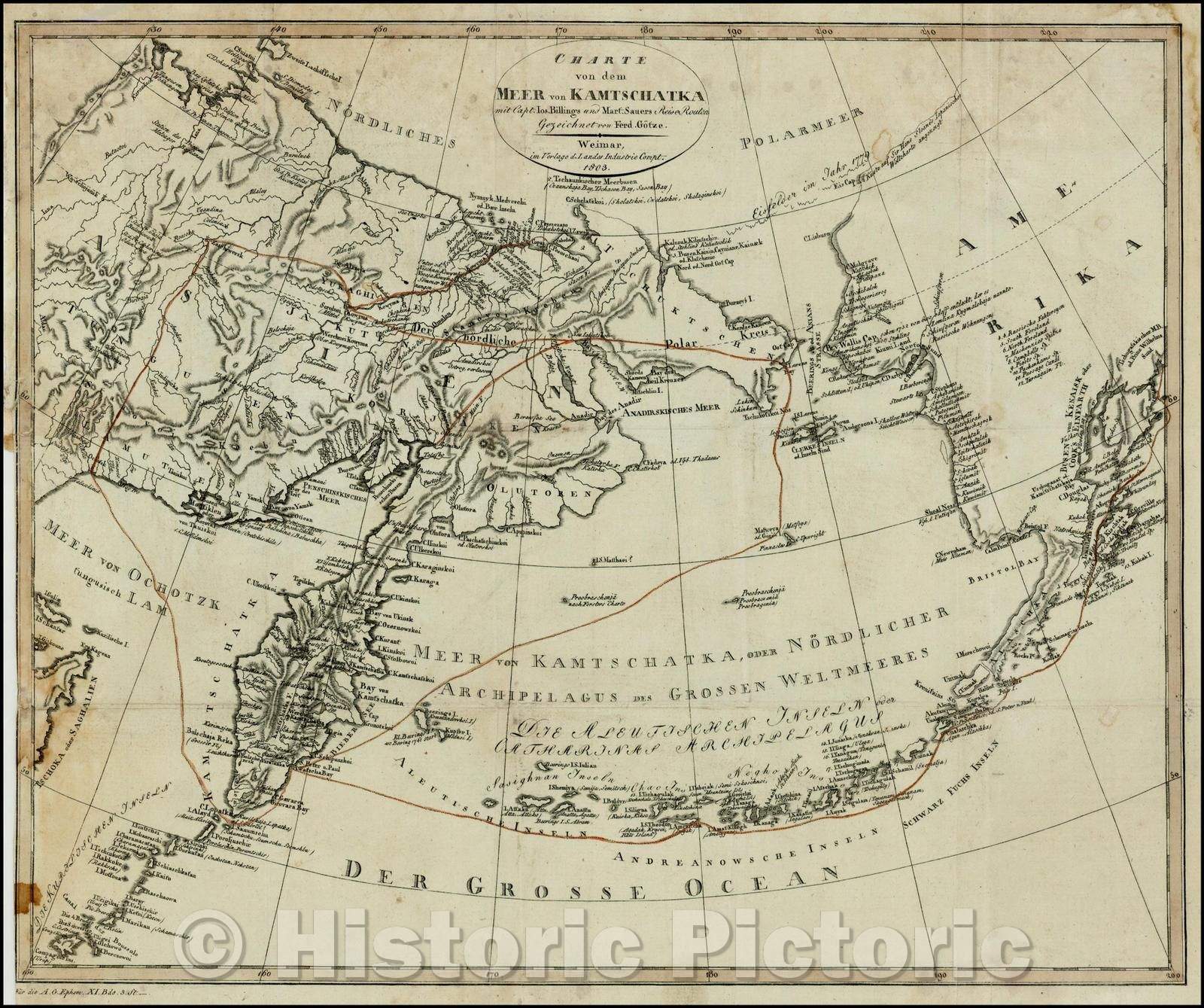 Historic Map - Charte von dem Meer von Kamtschatka mit Capt. Ios. Billings und Mart. Sauers Reise Routen Gezeichnet von Ferd. Gotze, 1803 v1