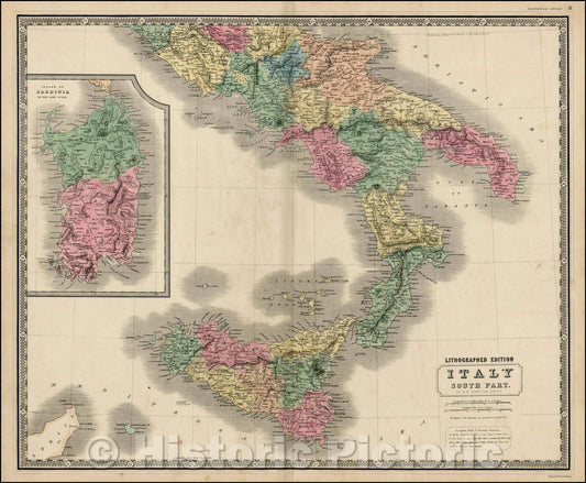 Historic Map - Italy South Part. [Includes Sicily-large inset of Sardinia], 1849, W. & A.K. Johnston - Vintage Wall Art