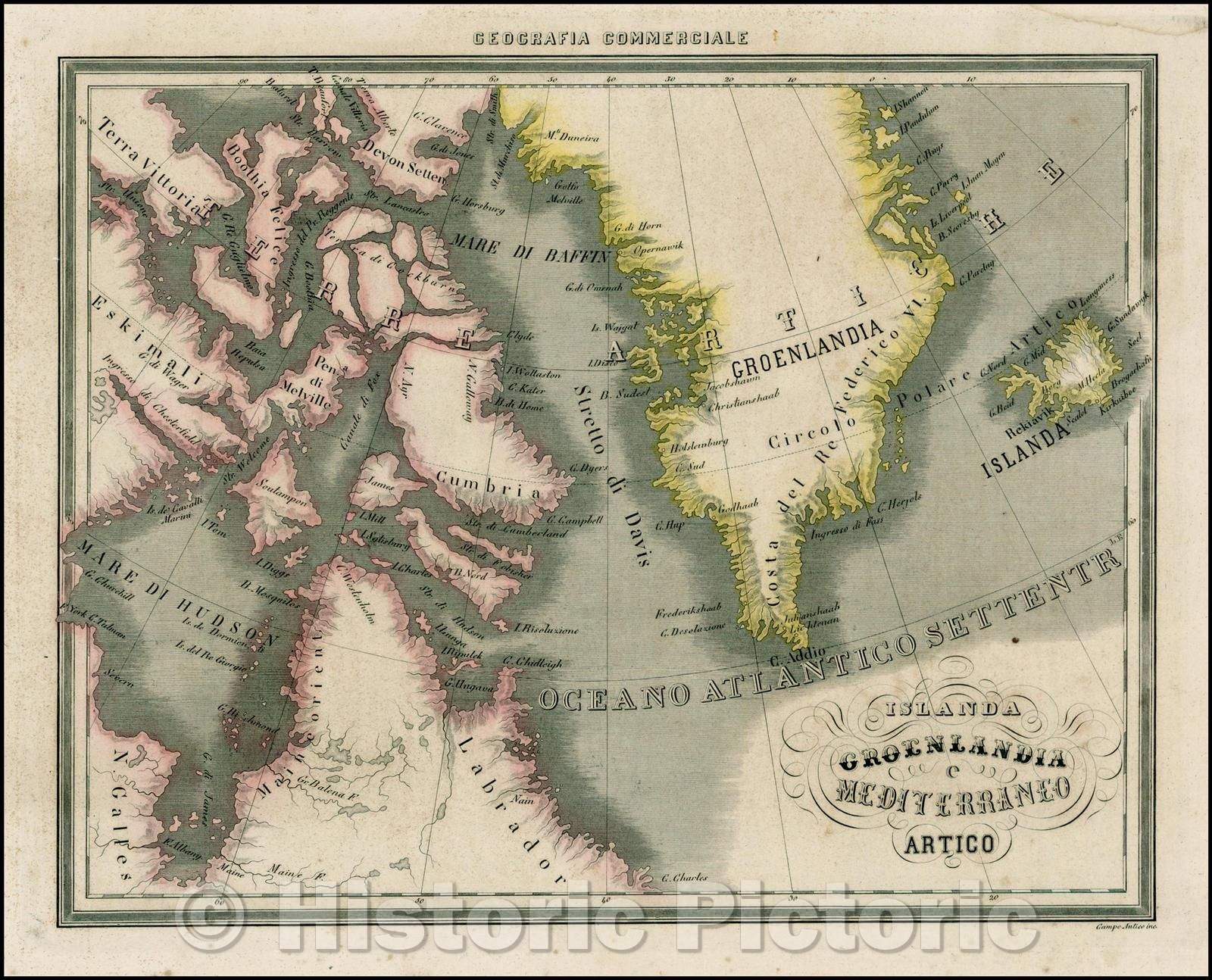 Historic Map - Islandia Groenlandia e Mediterrane Artico, 1850, Francesco Marmocchi v1