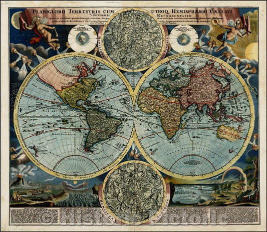 Historic Map - Planiglobii Terrestris Cum Utroq Hemisphaerio Caelesti Generalis Exhibitio, 1730, Johann Baptist Homann - Vintage Wall Art