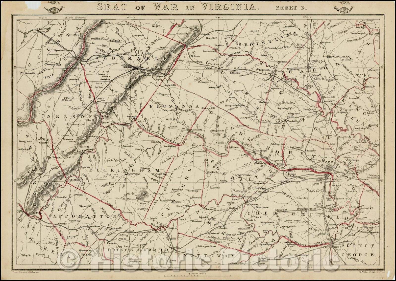 Historic Map - Seat of War in Virginia. Sheet 3, 1863, Edward Weller - Vintage Wall Art