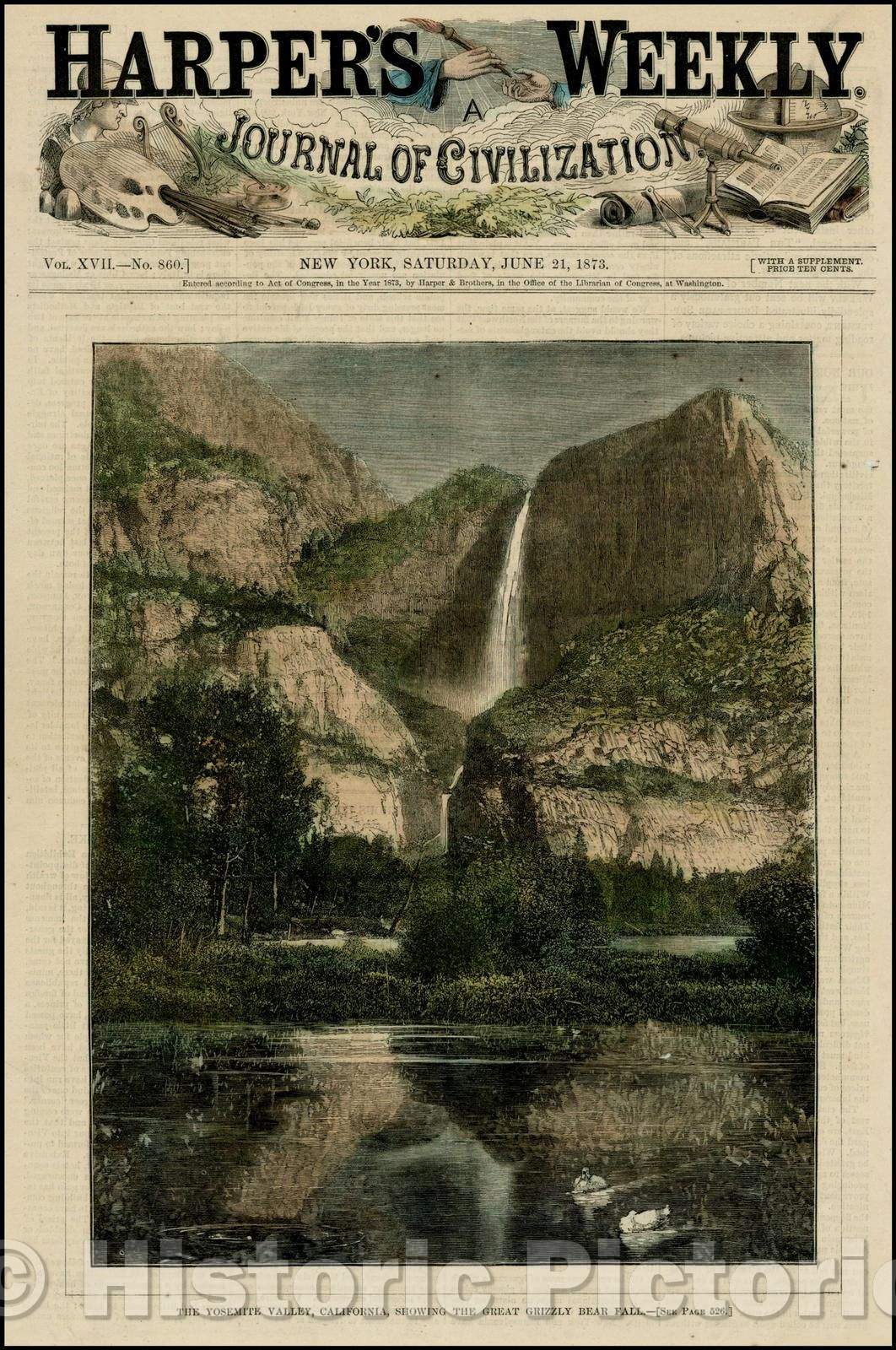 Historic Map - The Yosemite Valley, California, Showing The Great Grizzly Bear Fall, 1873, Harper's Weekly - Vintage Wall Art