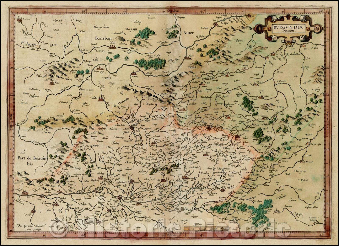 Historic Map - Burgundia Ducatus/Mercator's Regional Map of France, centered on the Burgundy Region, 1595, Gerard Mercator - Vintage Wall Art