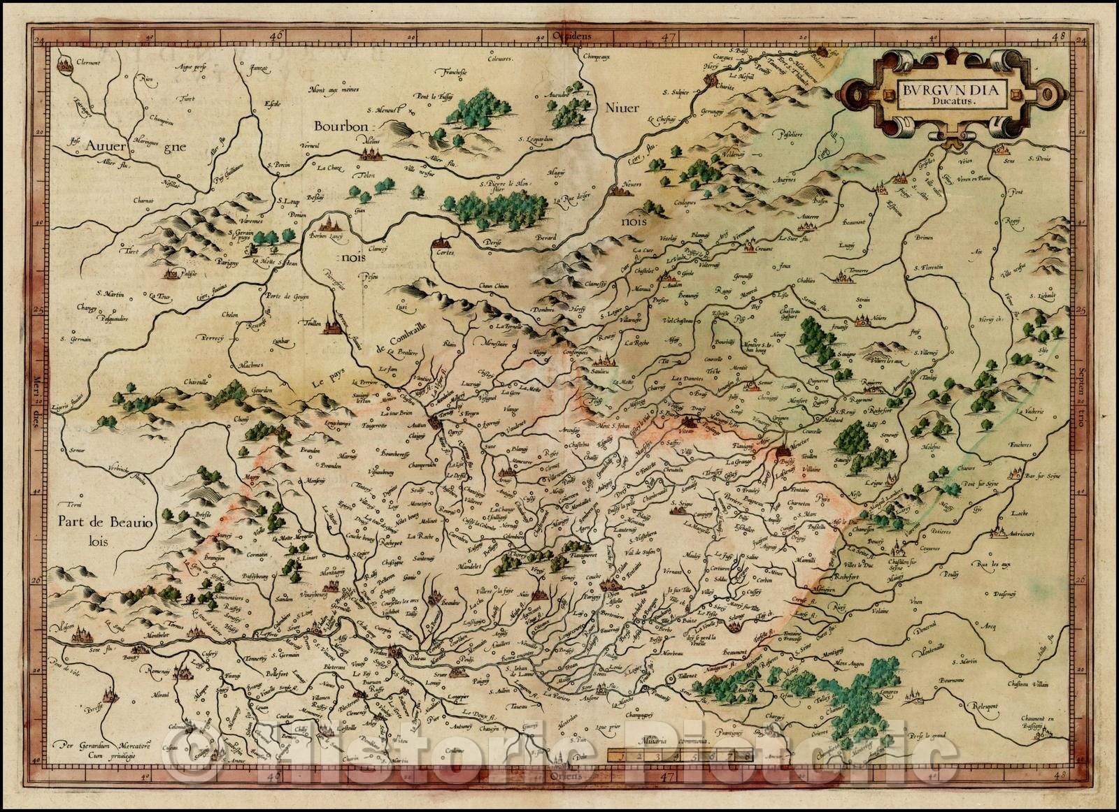 Historic Map - Burgundia Ducatus/Mercator's Regional Map of France, centered on the Burgundy Region, 1595, Gerard Mercator - Vintage Wall Art
