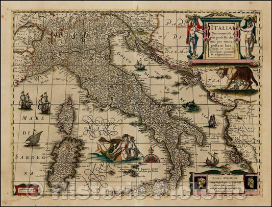 Historic Map - Italia Nuovamente piu perfetta che mai per inanzi posta in luce, scolpita et con le suoi figure uiuamente rappresetnate, 1635, Jan Jansson - Vintage Wall Art