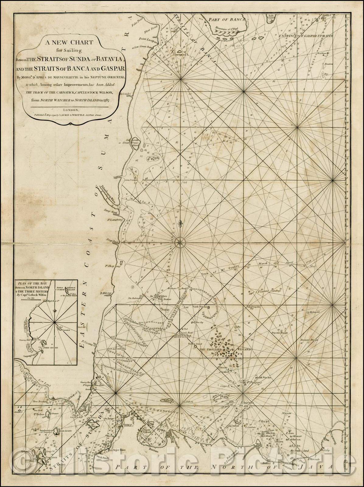 Historic Map - A New Chart for Sailing Between The Straits of Sunda or Batavia, and the Straits of Banca and Gaspar, 1794, Laurie & Whittle - Vintage Wall Art