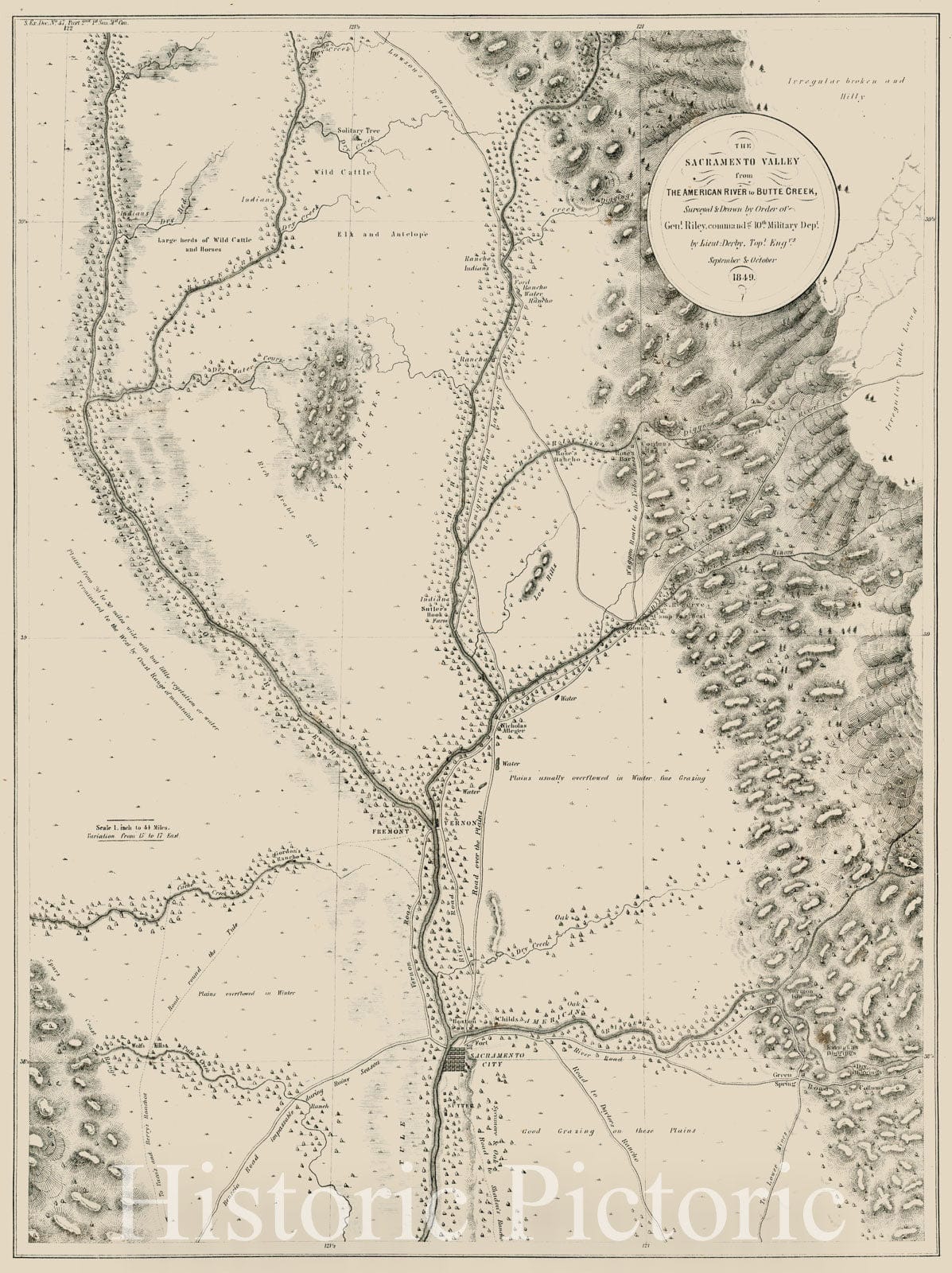 Historic Map - The Sacramento Valley from The American River to Butte Creek, Surveyed &, 1849, George Derby - Vintage Wall Art