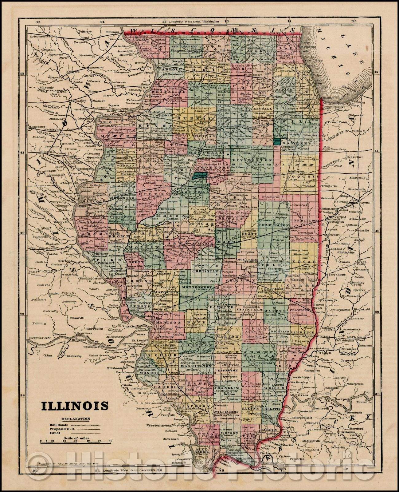 Historic Map - Illinois, 1856, Charles Morse - Vintage Wall Art