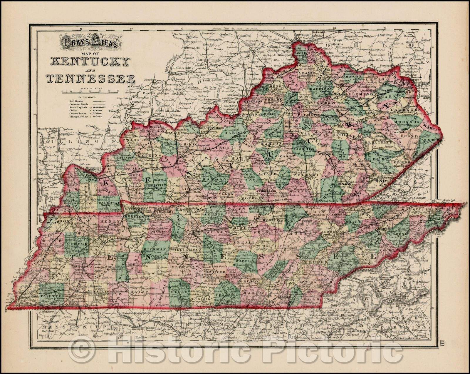 Historic Map - Gray's New Map of Kentucky and Tennessee, 1873, Frank Gray - Vintage Wall Art