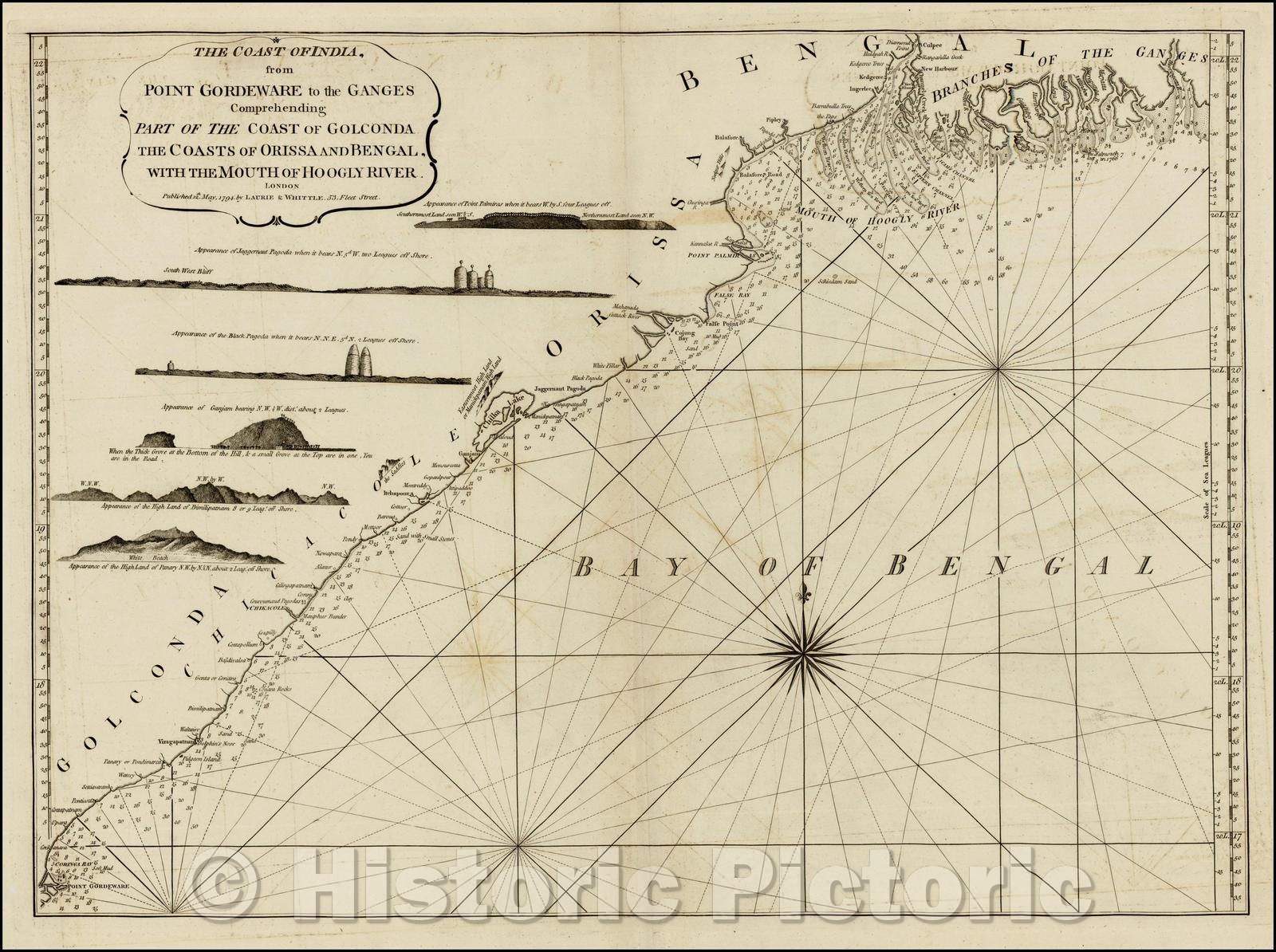 Historic Map - The Coast of India, from Point Gordeware to the Ganges Comprehending Part of the Coast of Golconda The Coasts of Orissa and Bengal, 1794 v1