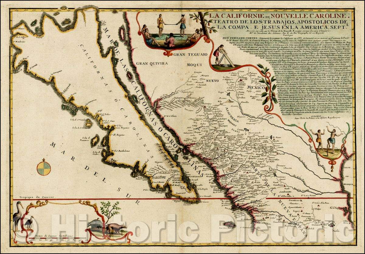 Historic Map - La Californie ou Nouvelle Caroline, Teatro De Los Trabajos Apostolicos De Compa. E. Jusus En Americae Septe, 1720, Nicolas de Fer v1