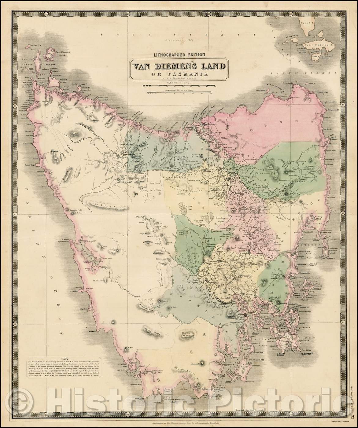 Historic Map - Van Diemen's Island or Tasmania, 1846, W. & A.K. Johnston - Vintage Wall Art