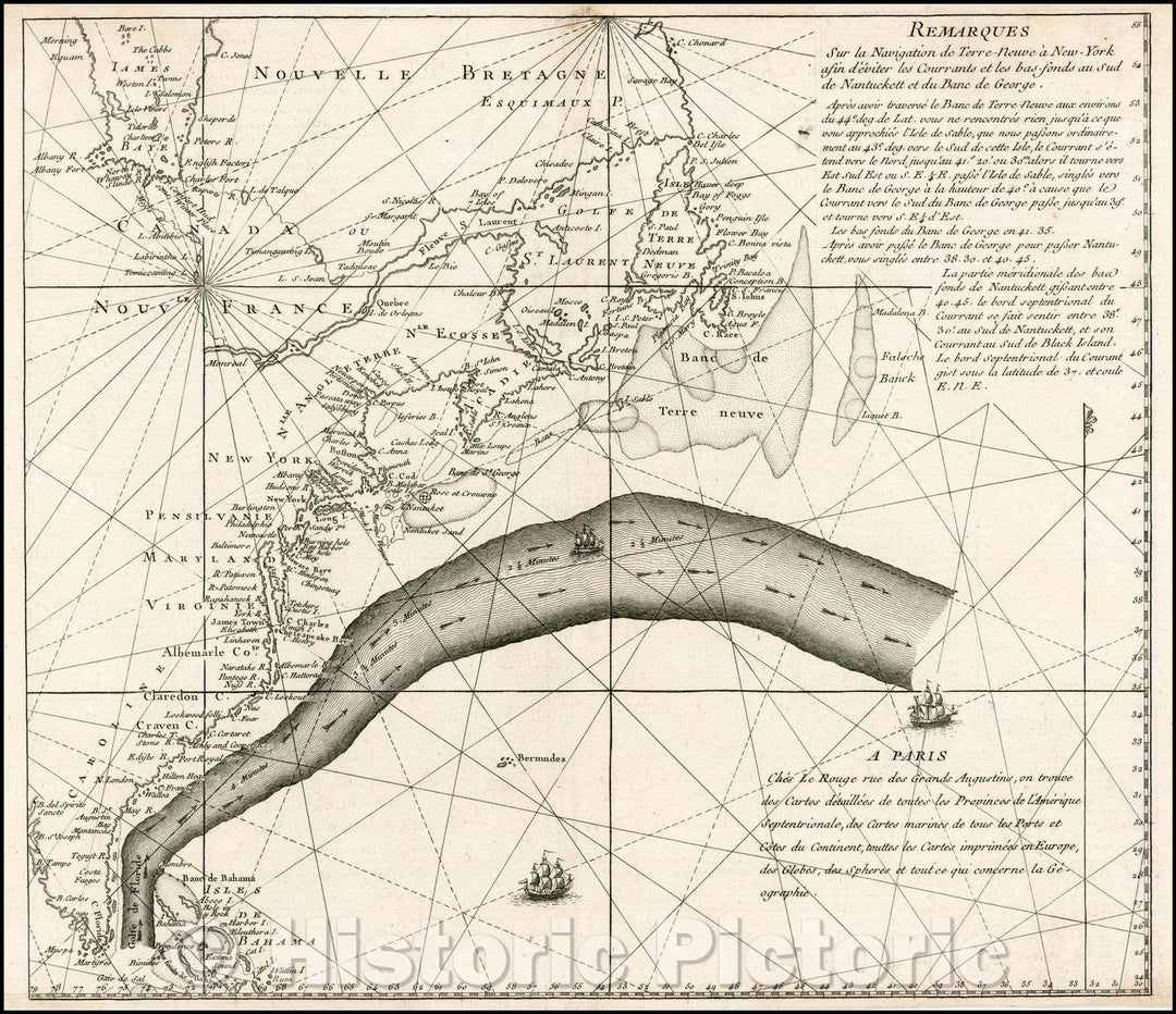 Historic Map - Remarques Sur la Navigation de Terre-Neuve a New York afin d'eviter les Co, 1782 - Vintage Wall Art