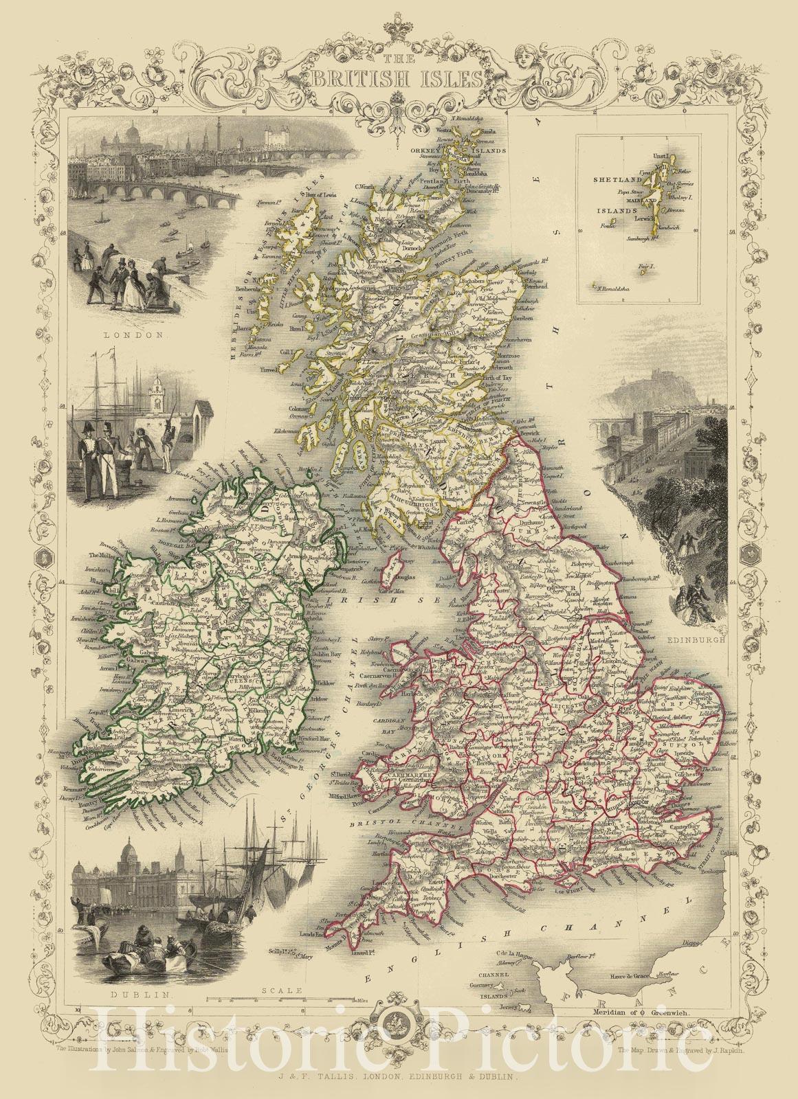 British Isles - Regional Map with Vignettes, 1851 | Historical Map Print